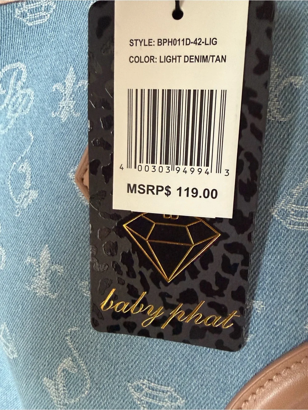 Baby Phat Blue Denim monogram Tote bag with Brown leather Trim and pouch.